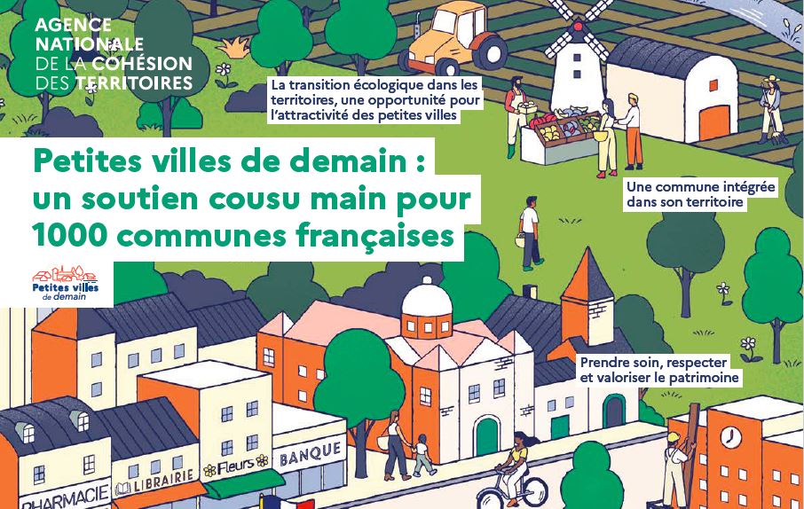 Extrait infographie Petites Villes de demain, qui repr&eacute;sente le centre d'une commune, avec les &eacute;quipements scolaires et les commerces, entour&eacute;e de champs