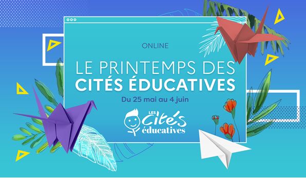 Visuel de l'&eacute;v&eacute;nement Le Printemps des cit&eacute;s &eacute;ducatives : sur fond bleu, le logo des Cit&eacute;s &eacute;ducatives et des petites cocottes en papier. 