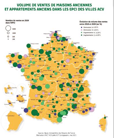 Carte de France des ventes immobili&egrave;res dans les villes moyennes