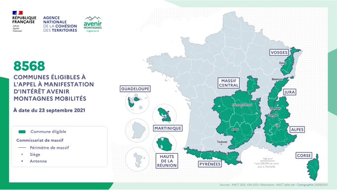 Carte de France avec, en vert, les régions de massifs de montagne éligibles, en métropole et outre-mer.