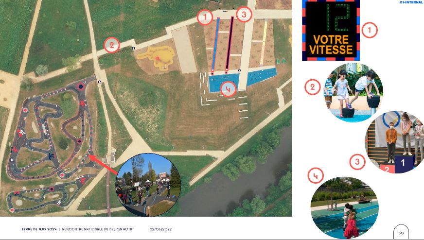 Vue a&eacute;rienne d'am&eacute;nagement d'esaces d'acitivt&eacute; : espace de course, circuit v&eacute;lo sportif, entour&eacute;s d'&eacute;tendue de verdure