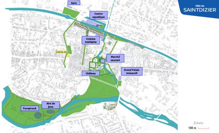 Plan g&eacute;ographiique d'une partie de Saint-Dizier o&ugrave; est report&eacute; en vert la trame du parcours de design actif de la ville