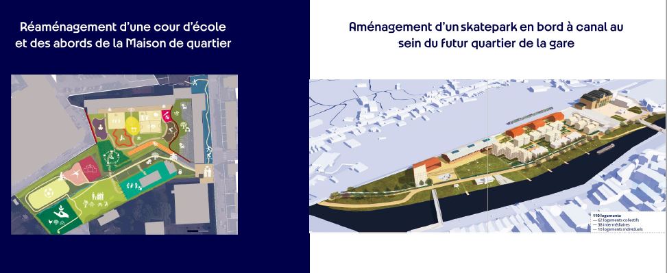 Vue de plans de 2 am&eacute;nagements : r&eacute;novaiton de la cour d'une &eacute;cole avec les diff&eacute;rentes zones avec des couleurs diff&eacute;rentes et plan 3D des abords de la gare, avec un futur skatepark. 