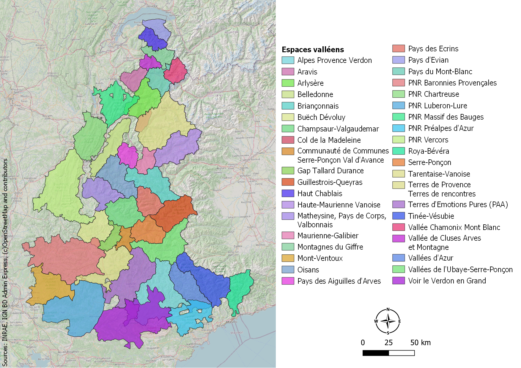 Carte des espaces vall&eacute;ens dans le massif des Alpes_2021-2027