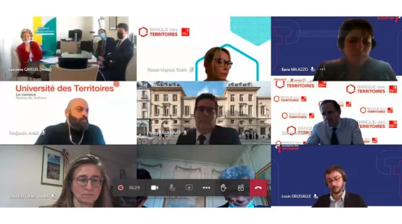 Capture &eacute;cran de la visioconf&eacute;rence, avec une mosa&iuml;que montrant notammentc la pr&eacute;sidente de l'ANCT, la maire de Nantes et d'autres participants.