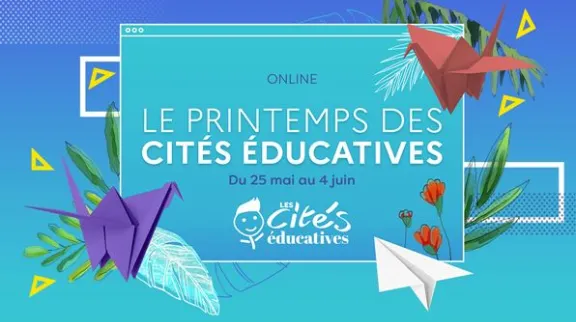 Visuel de l'&eacute;v&eacute;nement Le Printemps des cit&eacute;s &eacute;ducatives : sur fond bleu, le logo des Cit&eacute;s &eacute;ducatives et des petites cocottes en papier. 