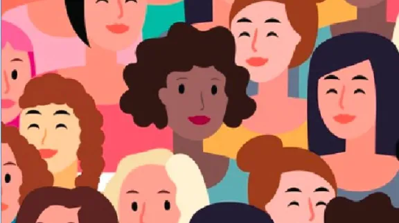 Illustration constitu&eacute;e de visages de femmes, avec dominante de couleur rose 