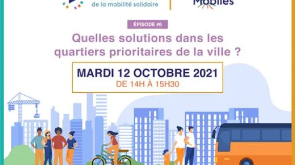 Ilustration repr&eacute;sentant un bus et des gens qui marchent ou fnt du v&eacute;lo, sur un fond de vill avec des grues et des immeubles.