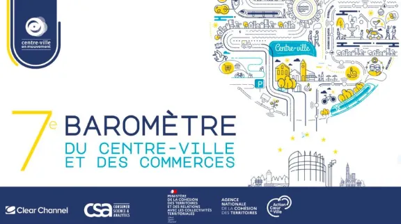 Visuel de la couverture du barom&egrave;tre avec un dessin arrondi en jaune, bleu et noir repr&eacute;sentant la ville et ses services.