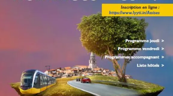 Visuel affiche, qui reprsente un ville et ses moyens de transport sur mun morceau de terre d&eacute;tach&eacute;, qui flotte comme une &icirc;le sur un fond violet.