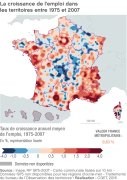 La croissance de l'emploi dans les territoires entre 1975 et 2007