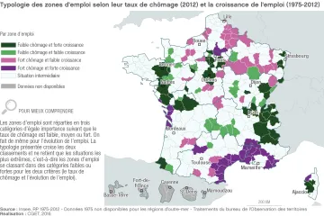 Typologie des zones d'emploi selon leur taux de ch&ocirc;mage (2012) et la croissance de l'emploi (1975-2012