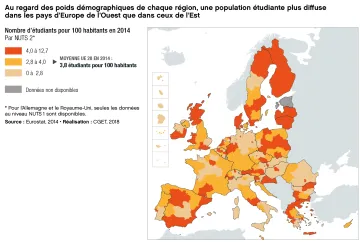 Au regard des poids d&eacute;mographiques de chaque r&eacute;gion, une population &eacute;tudiante pls diffuse dans les pays d'Europe de l'Ouest que dans ceux de l'Est
