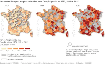 Les zones d'emploi les plus orient&eacute;es vers l'emploi public en 1975, 1999 et 2012