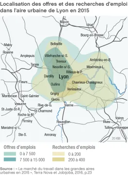Localisation des offres et des recherches d'emploi dans l'aire urbaine de Lyon en 2015