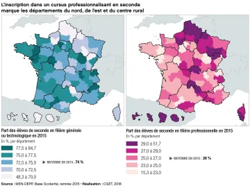 L'inscription dans un cursus professionnalisant en seconde marque les d&eacute;partements du nord, de l'est et du centre rural