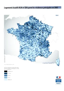 Logements locatifs HLM et SEM parmi les r&eacute;sidences principales en 2005