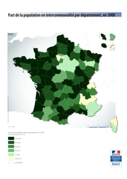Part de la population en intercommunalit&eacute; par d&eacute;partement en 2008