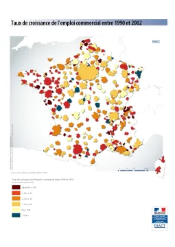 Taux de croissance de l'emploi commercial entre 1990 et 2002
