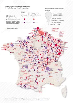 Aires urbaines cumulant des trajectoires de d&eacute;clin d'emploi et de la population