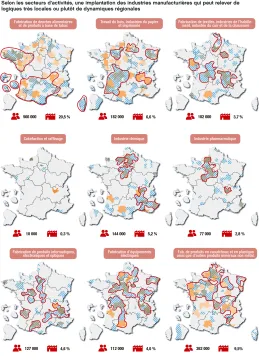 (1/2) Selon les secteurs d'activit&eacute;s, une implantation des industries manufacturi&egrave;res qui peut relever de logiques tr&egrave;s locales ou plut&ocirc;t de dynamiques r&eacute;gionales
