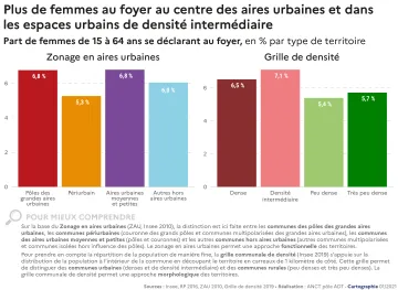 Plus de femmes au foyer au centre des aires urbaines et dans les espaces urbains de densit&eacute; interm&eacute;diaire