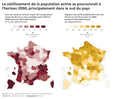 Le vieillissement de la population active se poursuivrait &agrave; l'horizon 2050, principalement dans le sud du pays