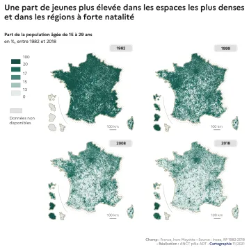 Une part des jeunes plus &eacute;lev&eacute;e dans les espaces les plus denses et dans les r&eacute;gions &agrave; forte natalit&eacute;