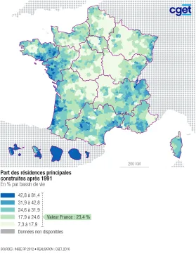 Part des r&eacute;sidences principales construites apr&egrave;s 1991