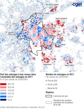 Part des m&eacute;nages &agrave; bas revenus, l'exemple du Grand Lyon