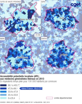 Accessibilit&eacute; potentielle localis&eacute;e (APL) : zoom sur 4 d&eacute;partements ruraux et point sur les quartiers politiques de la ville