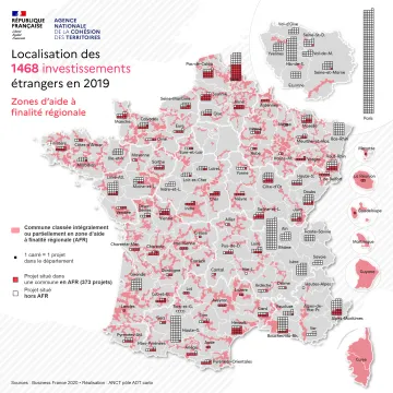 Localisation des 1468 investissements &eacute;trangers en 2019 dans les zones d'aide &agrave; finalit&eacute; r&eacute;gionale