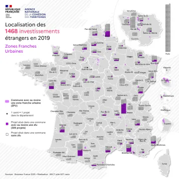 Localisation des 1468 investissements &eacute;trangers en 2019 dans les zones franches urbaines