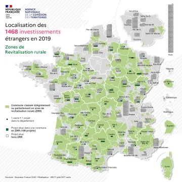 Localisation des 1468 investissements &eacute;trangers en 2019 dans les zones de revitalisation rurales