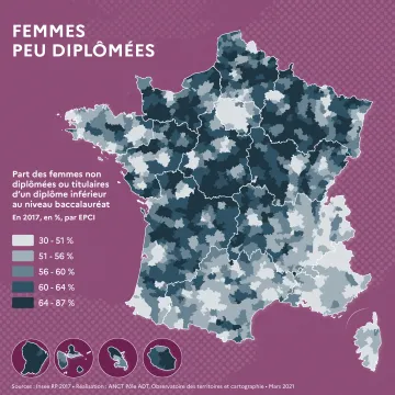 Part des femmes non dipl&ocirc;m&eacute;es ou titulaires d'un dipl&ocirc;me inf&eacute;rieur au niveau baccalaur&eacute;at
