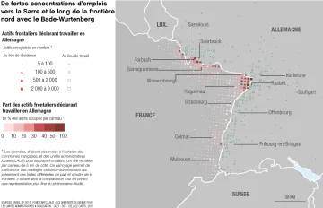 De fortes concentrations d'emplois vers la Sarre et le long de la fronti&egrave;re nord avec le Bade-Wurtenberg