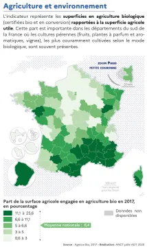Part de la surface agricole engag&eacute;e en agriculture biologique par d&eacute;partement en 2017