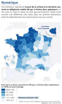 Part de la surface couverte en 4G par &agrave; minima deux op&eacute;rateurs en 2019, par d&eacute;partement