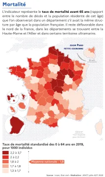 Taux de mortalit&eacute; standardis&eacute; des 0-64 ans par d&eacute;partement en 2019