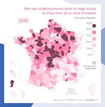 Part des &eacute;tablissements dont le si&egrave;ge social se situe hors de la zone d'emploi