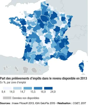 Part des pr&eacute;l&egrave;vements d'imp&ocirc;ts dans le revenu disponible en 2013