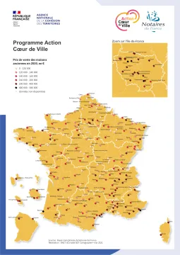 Prix de vente m&eacute;dian des maisons anciennes en 2020 dans les communes Action Coeur de Ville