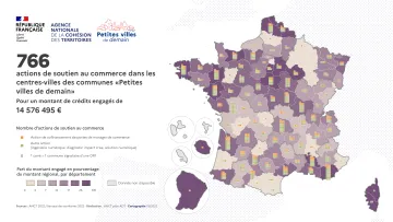766 actions de soutien au commerce dans les centres-villes des communes Petites villes de demain pour un montant de cr&eacute;dits engag&eacute;s de 14 576 495 &euro;