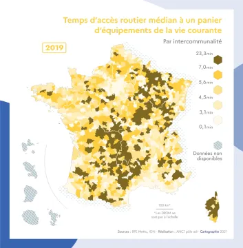 Temps d'acc&egrave;s routier m&eacute;dian &agrave; un panier d'&eacute;quipements de la vie courante