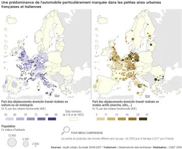 Une pr&eacute;dominance de l'automobile particuli&egrave;rement marqu&eacute;e dans les petites aires urbaines fran&ccedil;aises et italiennes.