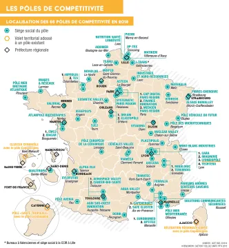 Localisation des 66 p&ocirc;les de comp&eacute;titivit&eacute; en 2018

