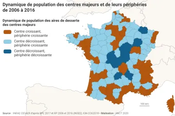Dynamique de population des centres majeurs et de leurs p&eacute;riph&eacute;ries de 2006 &agrave; 2016