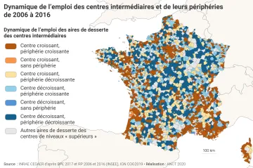 Dynamique de l'emploi des centres interm&eacute;diaires et de leurs p&eacute;riph&eacute;ries de 2006 &agrave; 2016