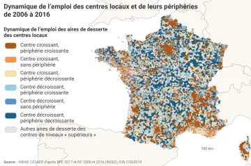 Dynamique de l'emploi des centres locaux et de leurs p&eacute;riph&eacute;ries de 2006 &agrave; 2016