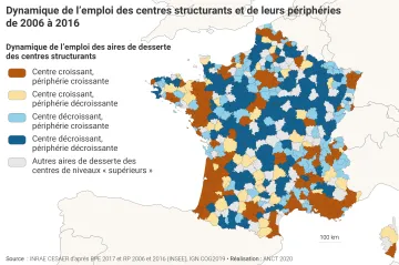 Dynamique de l'emploi des centres structurants et de leurs p&eacute;riph&eacute;ries de 2006 &agrave; 2016